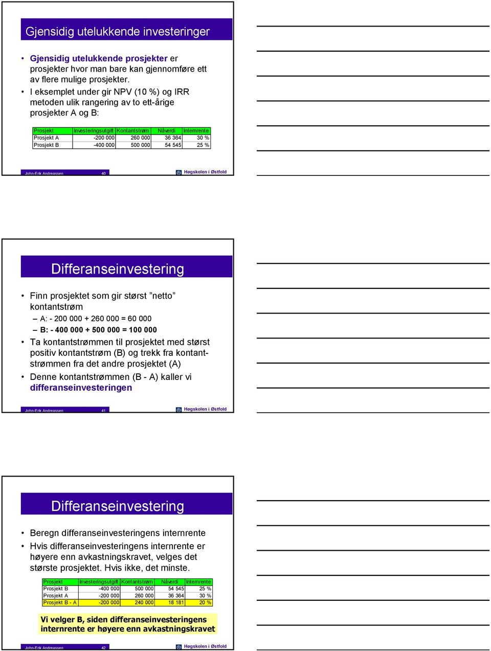 5 54 545 25 % John-Erik Andreassen 4 Høgskolen i Østfold Differanseinvestering Finn prosjektet som gir størst netto kontantstrøm A: - 2 + 26 = 6 B: - 4 + 5 = 1 Ta kontantstrømmen til prosjektet med