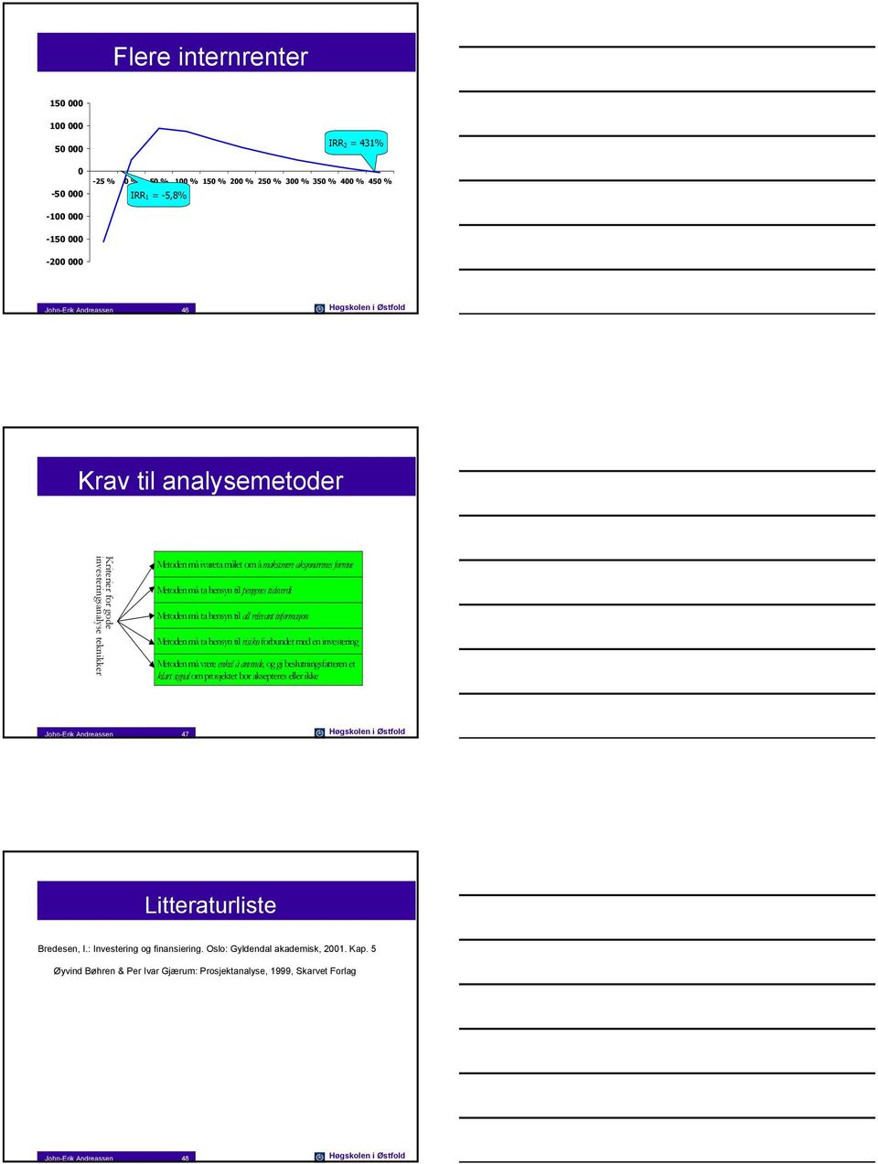hensyn til risiko forbundet med en investering Metoden må være enkel å anvende, og gi beslutningsfatteren et klart signal om prosjektet bør aksepteres eller ikke John-Erik Andreassen 47 Høgskolen i
