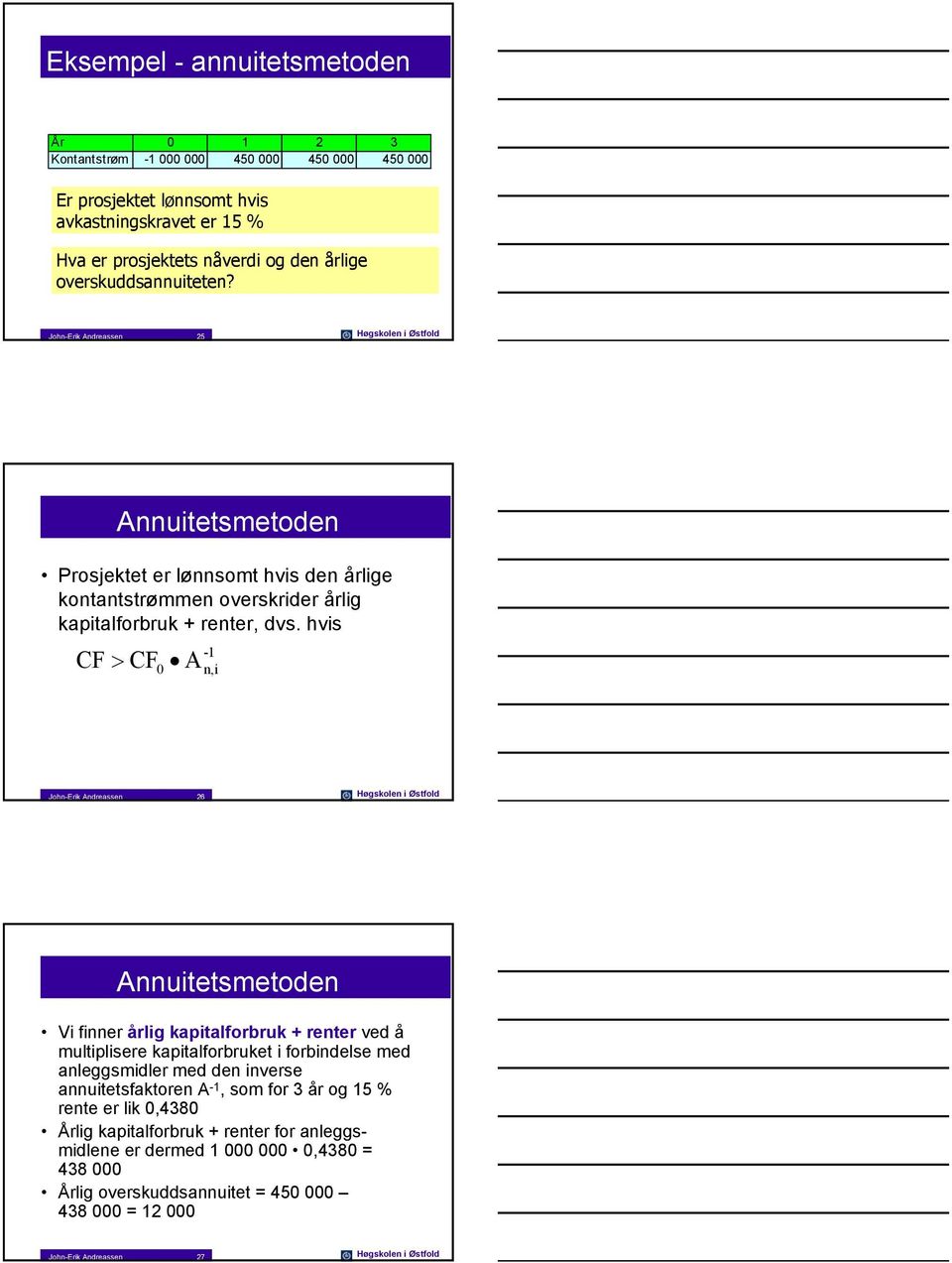 hvis -1 CF > CF A n,i John-Erik Andreassen 26 Høgskolen i Østfold Annuitetsmetoden Vi finner årlig kapitalforbruk + renter ved å multiplisere kapitalforbruket i forbindelse med anleggsmidler