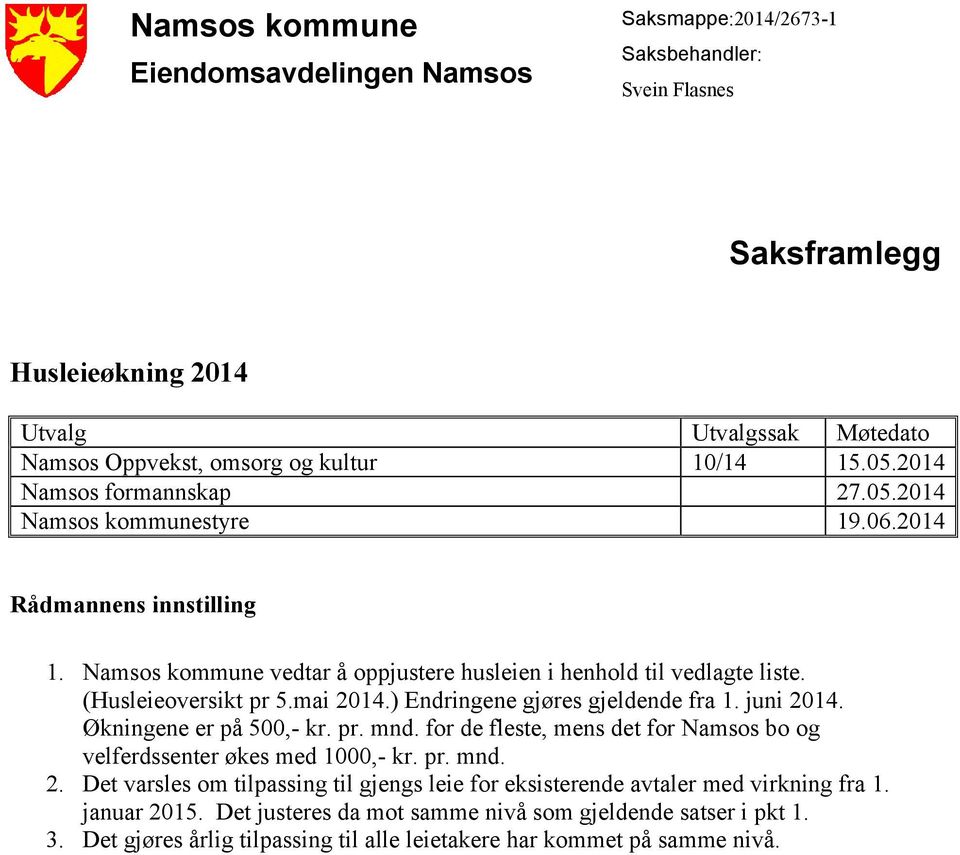 mai 2014.) Endringene gjøres gjeldende fra 1. juni 2014. Økningene er på 500,- kr. pr. mnd. for de fleste, mens det for Namsos bo og velferdssenter økes med 1000,- kr. pr. mnd. 2. Det varsles om tilpassing til gjengs leie for eksisterende avtaler med virkning fra 1.