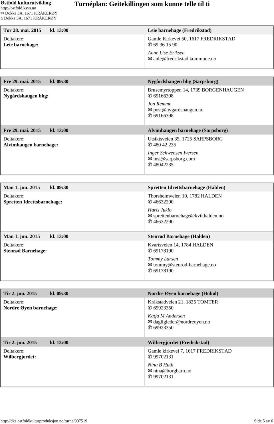 jun. 2015 kl. 09:30 Spretten Idrettsbarnehage (Halden) Spretten Idrettsbarnehage: Thorsheimveien 10, 1782 HALDEN 46632290 Haris Juklo sprettenbarnehage@kvikhalden.no 46632290 Man 1. jun. 2015 kl. 13:00 Stenrød Barnehage (Halden) Stenrød Barnehage: Kvartsveien 14, 1784 HALDEN 69178190 Tommy Larsen tommy@stenrod-barnehage.