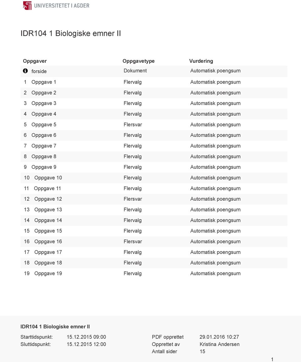 Flervalg Automatisk poengsum 9 Oppgave 9 Flervalg Automatisk poengsum 10 Oppgave 10 Flervalg Automatisk poengsum 11 Oppgave 11 Flervalg Automatisk poengsum 12 Oppgave 12 Flersvar Automatisk poengsum