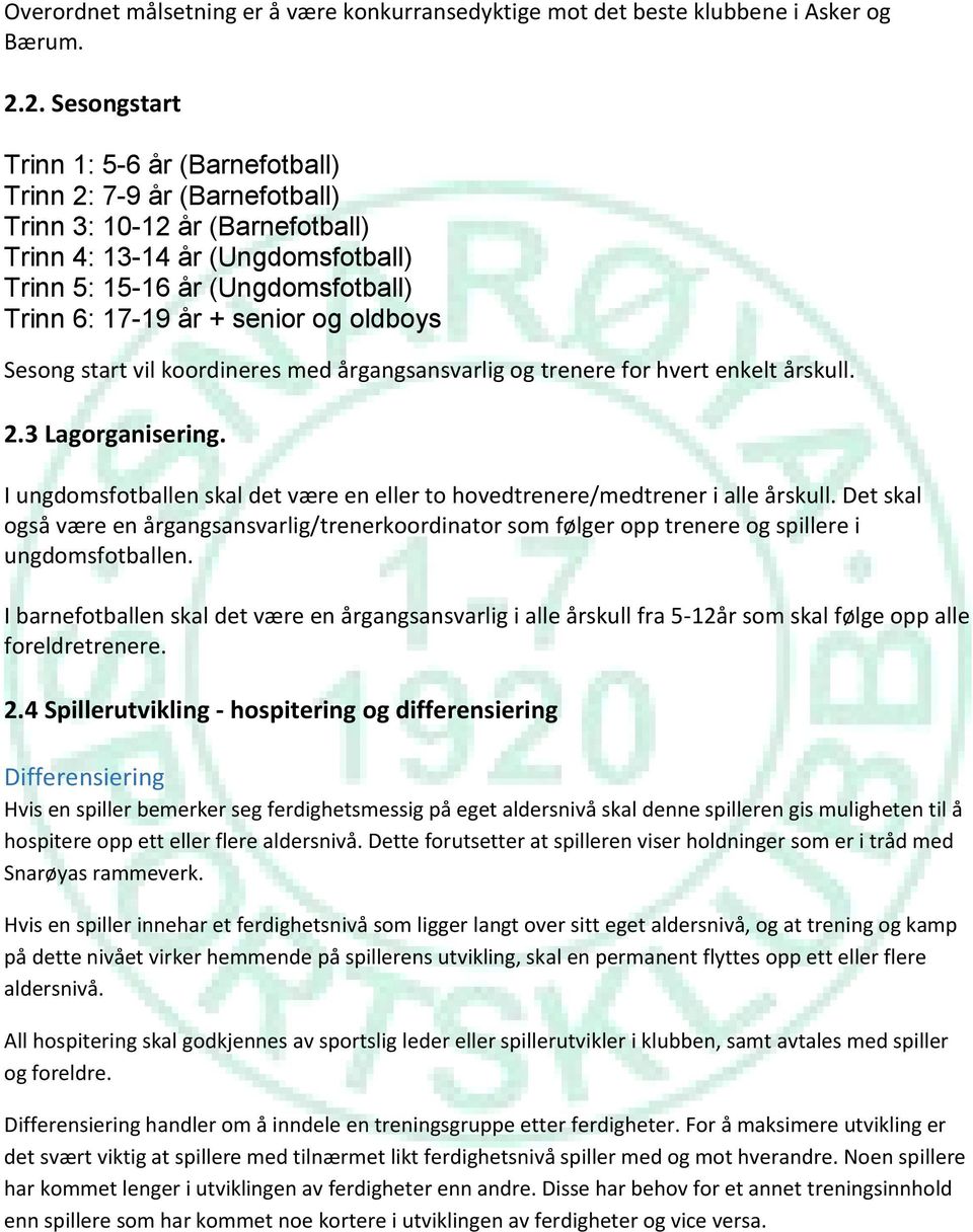 senior og oldboys Sesong start vil koordineres med årgangsansvarlig og trenere for hvert enkelt årskull. 2.3 Lagorganisering.