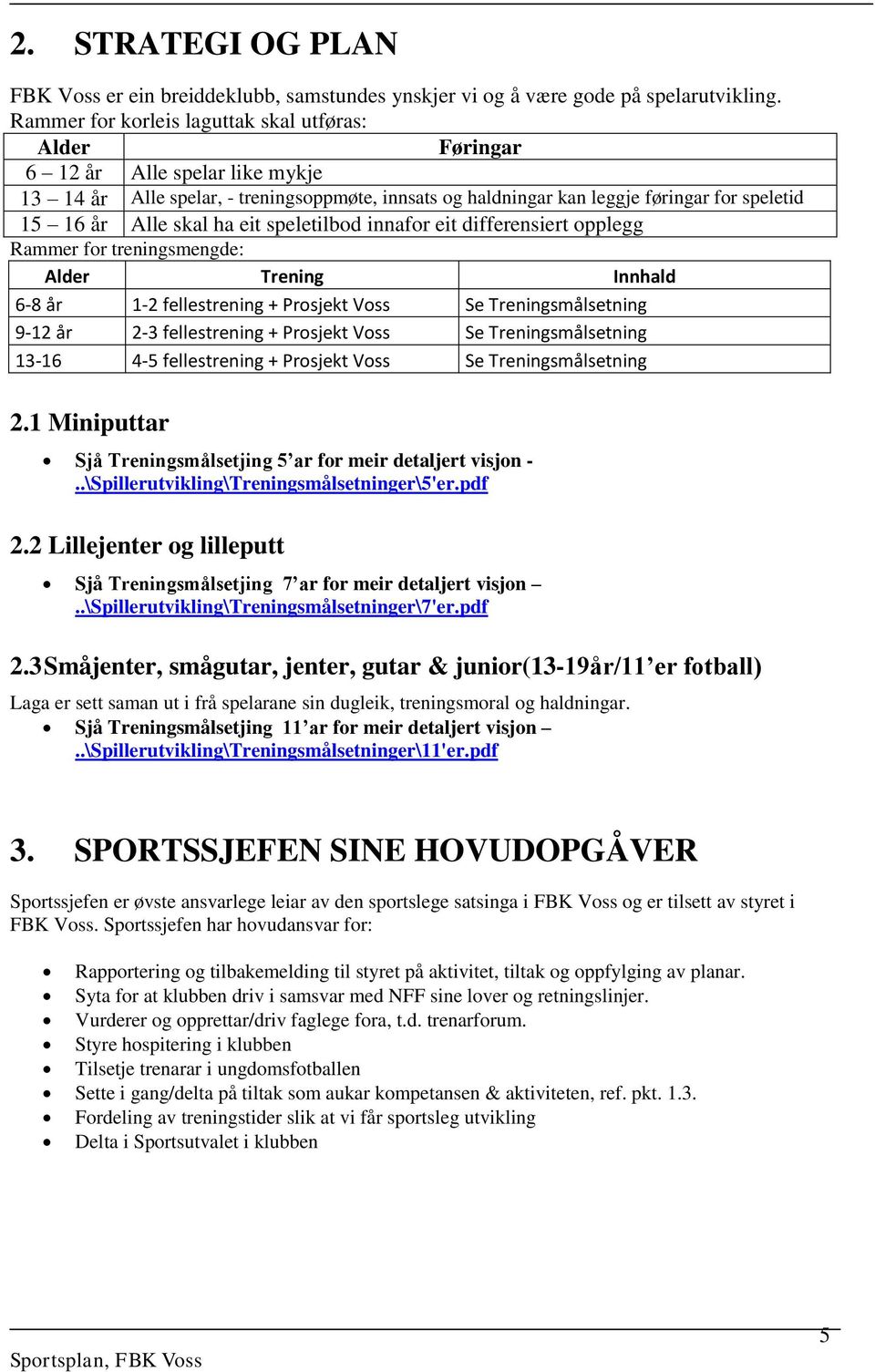 skal ha eit speletilbod innafor eit differensiert opplegg Rammer for treningsmengde: Alder Trening Innhald 6-8 år 1-2 fellestrening + Prosjekt Voss Se Treningsmålsetning 9-12 år 2-3 fellestrening +