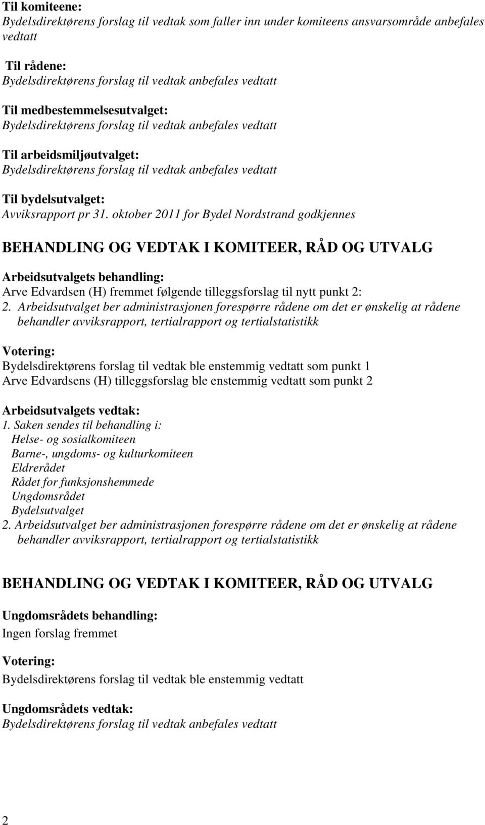 31. oktober 2011 for Bydel Nordstrand godkjennes Arbeidsutvalgets behandling: Arve Edvardsen (H) fremmet følgende tilleggsforslag til nytt punkt 2: 2.