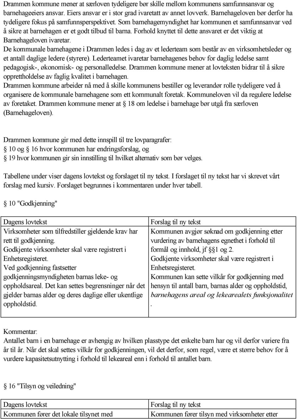 Forhold knyttet til dette ansvaret er det viktig at Barnehageloven ivaretar.