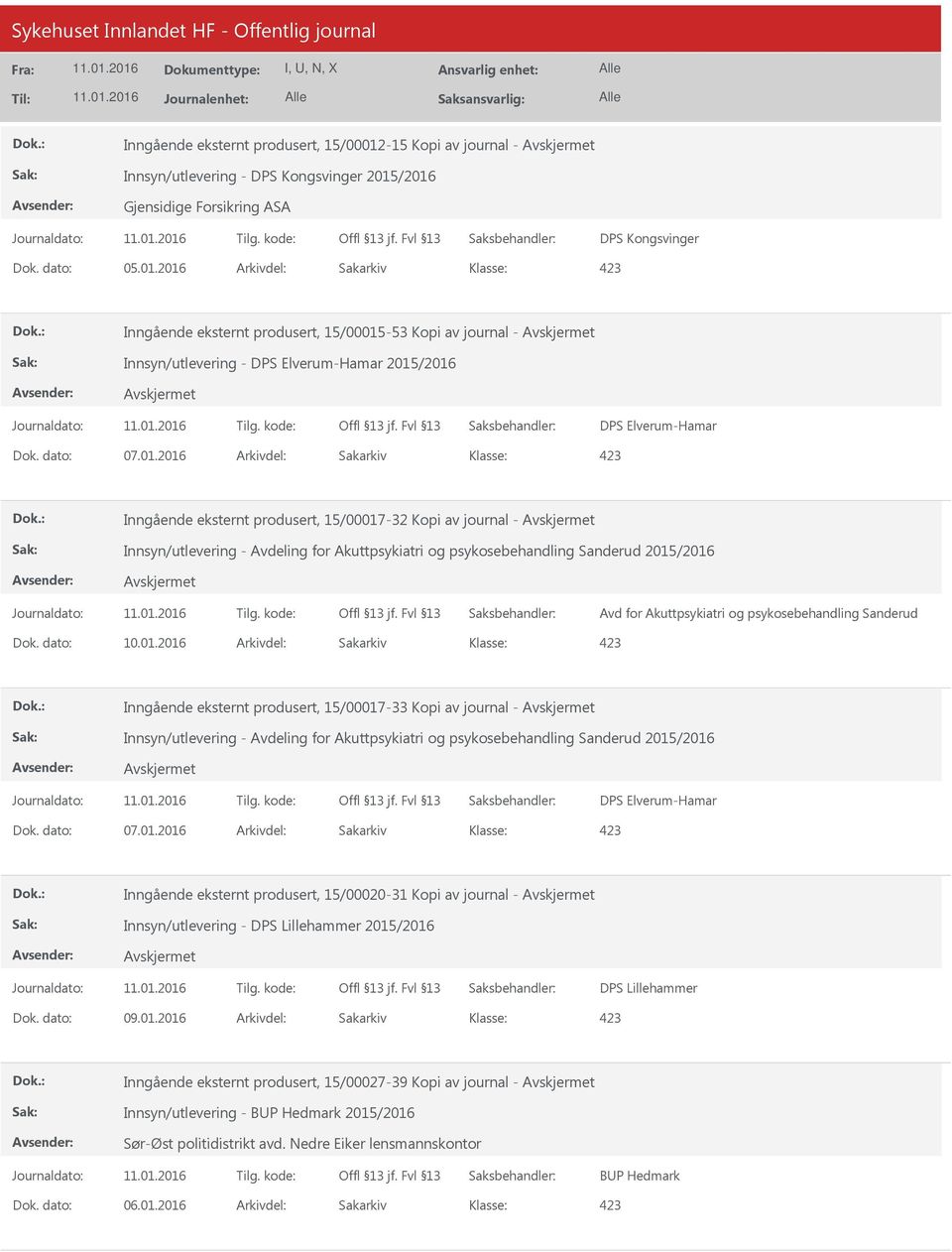 /2016 Gjensidige Forsikring ASA DPS Kongsvinger Dok. dato: 05.01.2016 Arkivdel: Sakarkiv Inngående eksternt produsert, 15/00015-53 Kopi av journal - Innsyn/utlevering - DPS Elverum-Hamar 2015/2016 DPS Elverum-Hamar Dok.