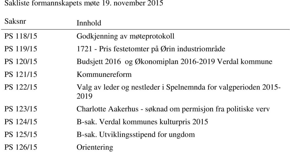 Ørin industriområde Budsjett 2016 og Økonomiplan 2016-2019 Verdal kommune Kommunereform PS 122/15 Valg av leder og nestleder i