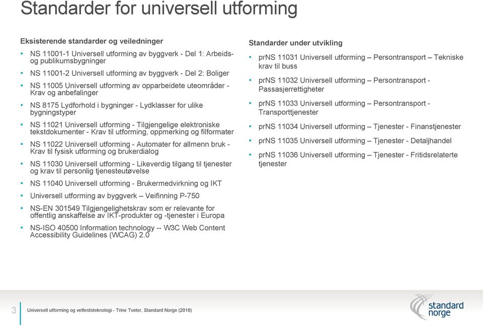 utforming - Tilgjengelige elektroniske tekstdokumenter - Krav til utforming, oppmerking og filformater NS 11022 Universell utforming - Automater for allmenn bruk - Krav til fysisk utforming og