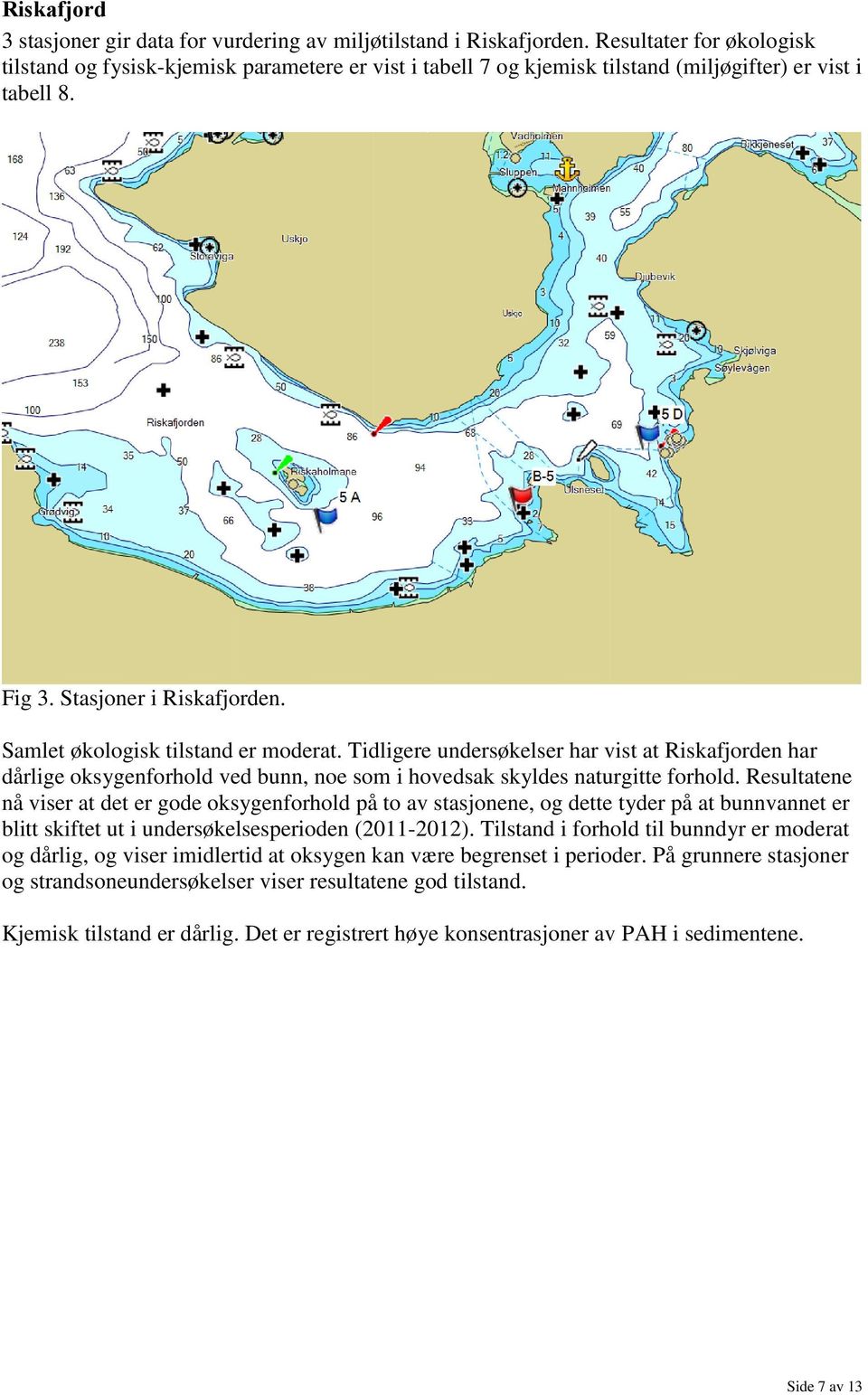 Samlet økologisk tilstand er moderat. Tidligere undersøkelser har vist at Riskafjorden har dårlige oksygenforhold ved bunn, noe som i hovedsak skyldes naturgitte forhold.