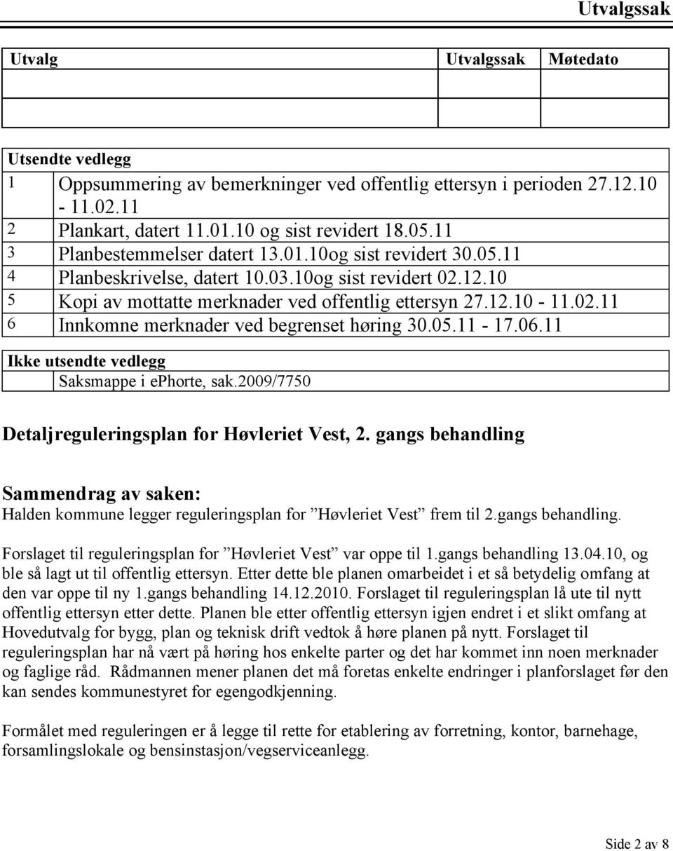 05.11-17.06.11 Ikke utsendte vedlegg Saksmappe i ephorte, sak.2009/7750 Detaljreguleringsplan for Høvleriet Vest, 2.