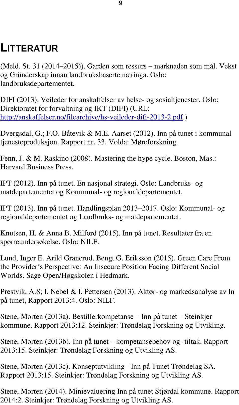 E. Aarset (2012). Inn på tunet i kommunal tjenesteproduksjon. Rapport nr. 33. Volda: Møreforskning. Fenn, J. & M. Raskino (2008). Mastering the hype cycle. Boston, Mas.: Harvard Business Press.