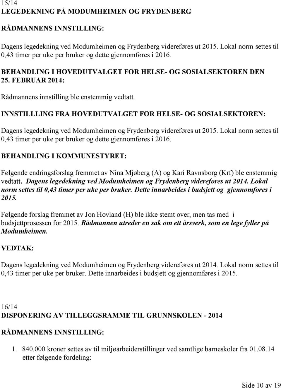 FEBRUAR 2014: INNSTILLLING FRA HOVEDUTVALGET FOR HELSE- OG SOSIALSEKTOREN: Dagens legedekning ved Modumheimen og Frydenberg videreføres ut 2015.