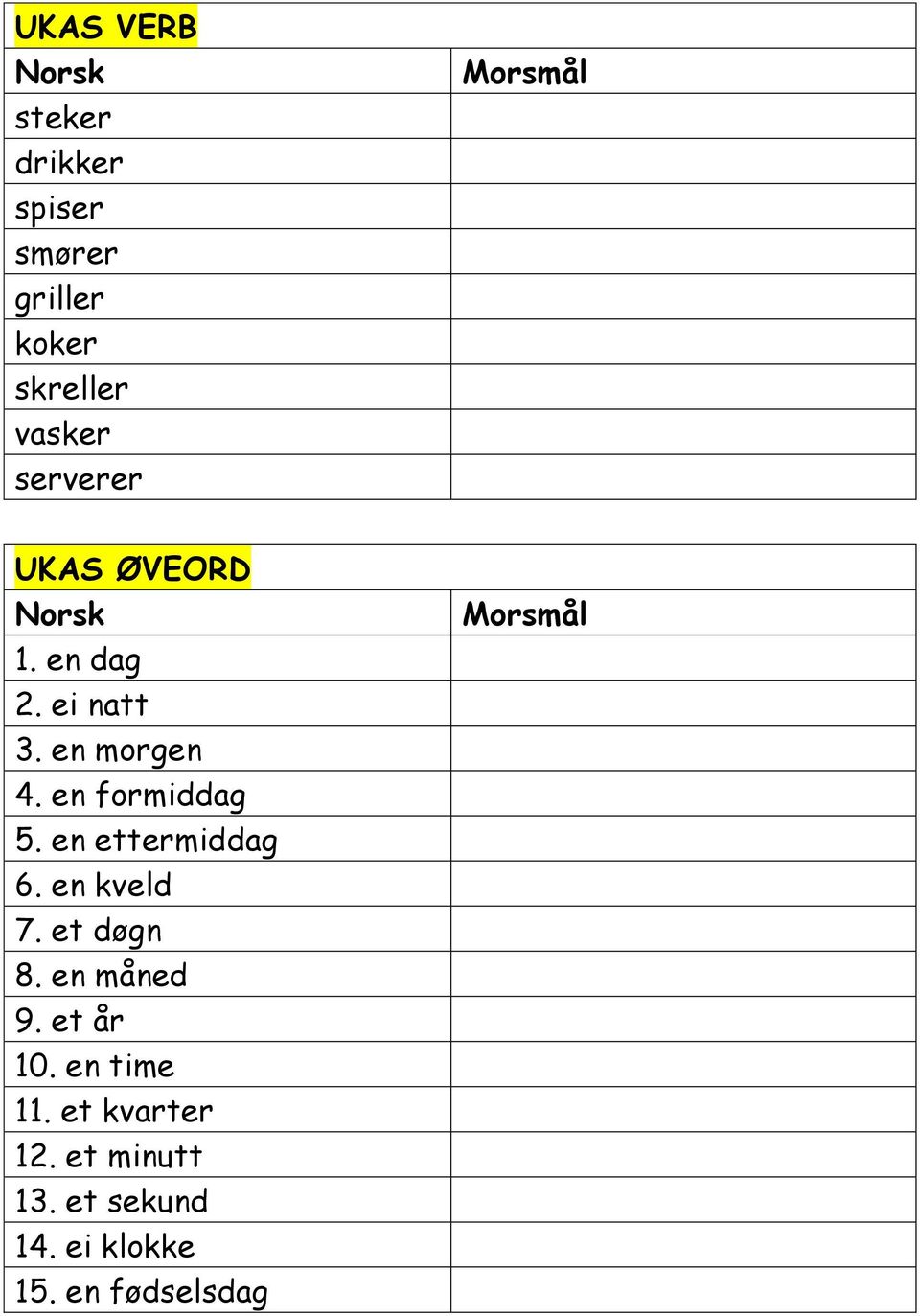 en formiddag 5. en ettermiddag 6. en kveld 7. et døgn 8. en måned 9. et år 10.