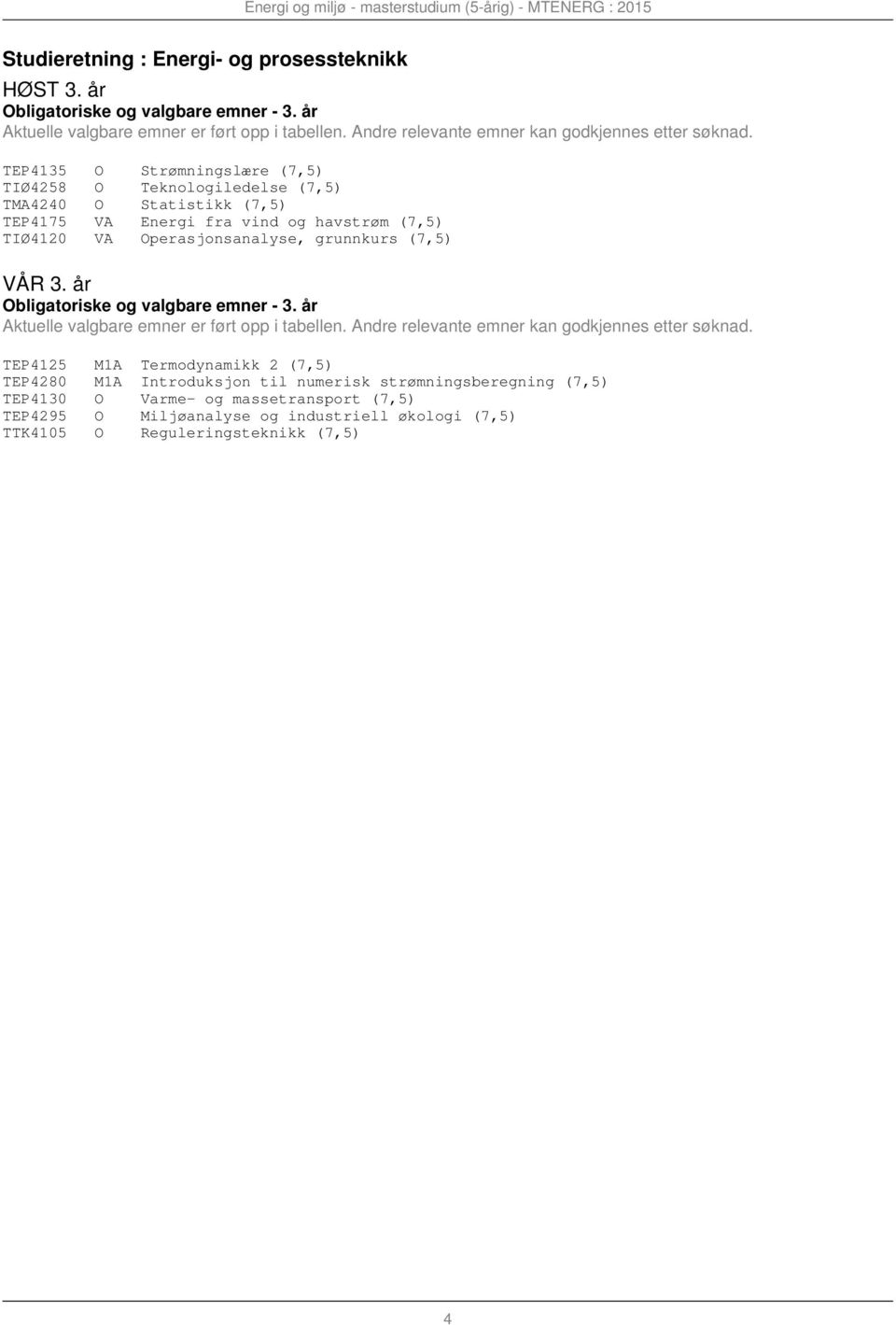TEP4135 O Strømningslære (7,5) TIØ4258 O Teknologiledelse (7,5) TMA4240 O Statistikk (7,5) TEP4175 VA Energi fra vind og havstrøm (7,5) TIØ4120 VA Operasjonsanalyse, grunnkurs (7,5) VÅR 3.