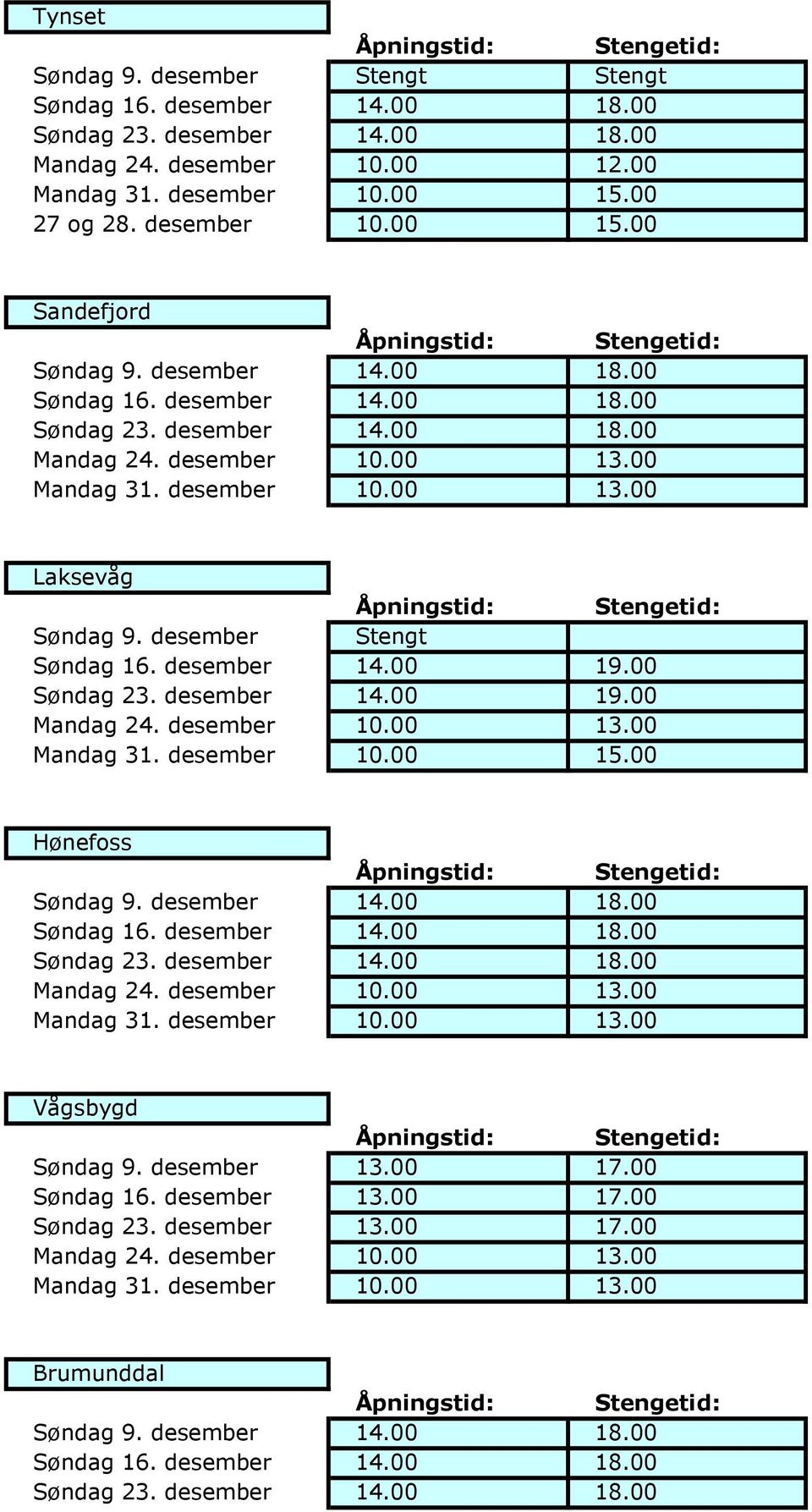 desember Stengt Hønefoss Vågsbygd Søndag 9. desember 13.