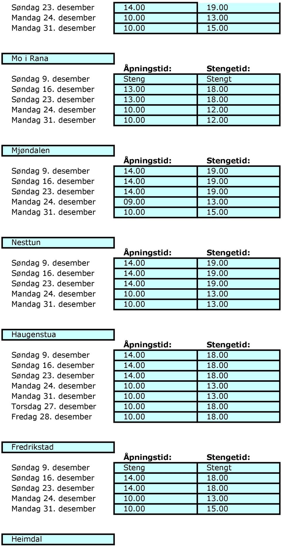 desember 09.00 13.00 Nesttun Haugenstua Torsdag 27. desember 10.00 18.00 Fredag 28.