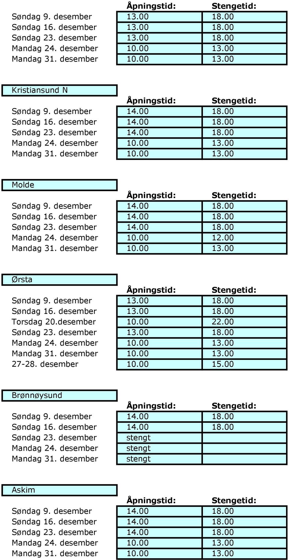 desember 10.00 22.00 Søndag 23. desember 13.00 18.00 27-28. desember 10.00 15.