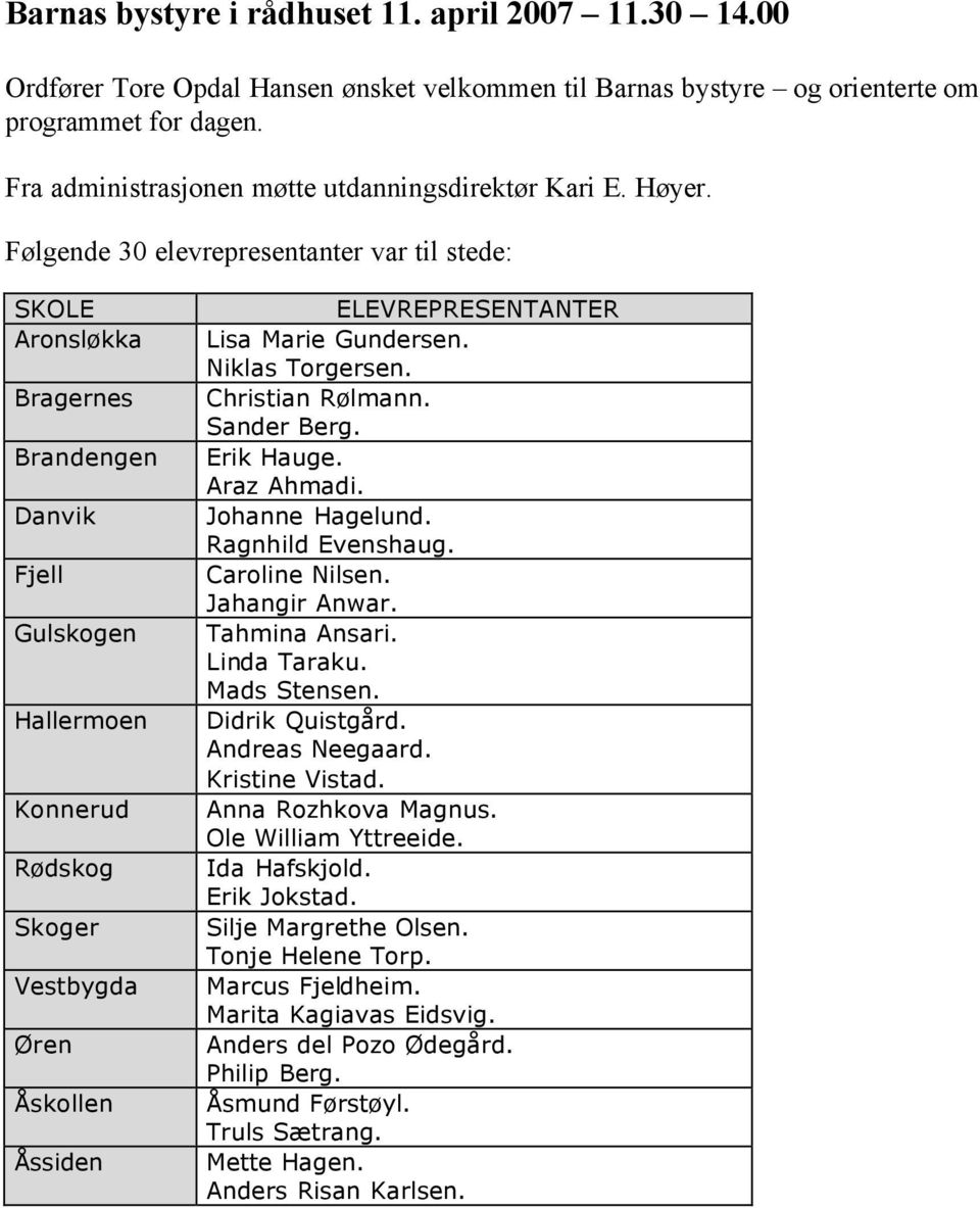 Følgende 30 elevrepresentanter var til stede: SKOLE Aronsløkka Bragernes Brandengen Danvik Fjell Gulskogen Hallermoen Konnerud Rødskog Skoger Vestbygda Øren Åskollen Åssiden ELEVREPRESENTANTER Lisa