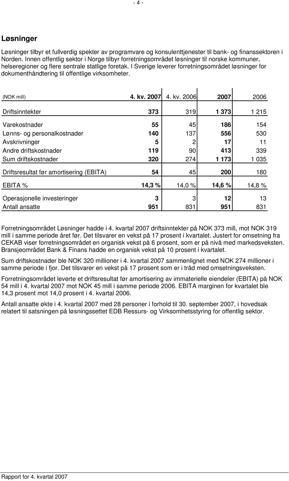 I Sverige leverer forretningsområdet løsninger for dokumenthåndtering til offentlige virksomheter. (NOK mill) 4. kv.