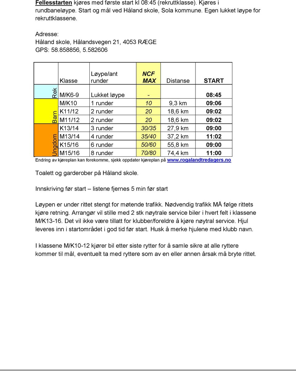 582606 Klasse Løype/ant runder NCF MAX Distanse START Rek Barn Ungdom M/K6-9 Lukket løype - 08:45 M/K10 1 runder 10 9,3 km 09:06 K11/12 2 runder 20 18,6 km 09:02 M11/12 2 runder 20 18,6 km 09:02