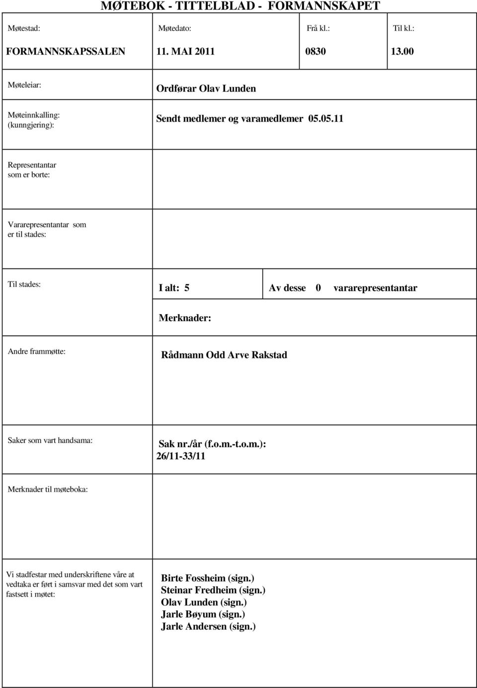 05.11 Representantar som er borte: Vararepresentantar som er til stades: Til stades: I alt: 5 Av desse 0 vararepresentantar Merknader: Andre frammøtte: Rådmann Odd Arve