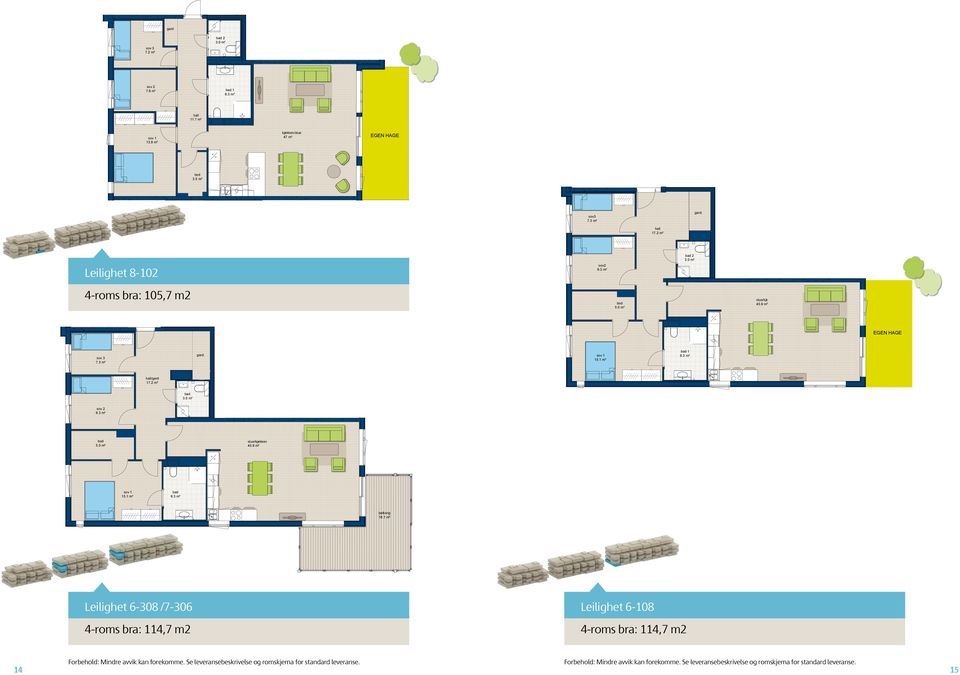 3 m² 2 4-roms bra: 105,7 m2 5.0 m² stue/kjk 4 7-306 7.3 m² TYPE H 114,7 m² 15.1 m² /gard 17.