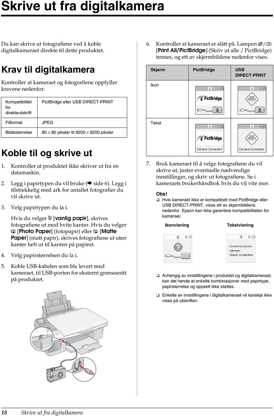 Lampen f/e [Print All/PictBridge] (Skriv ut alle / PictBridge) tennes, og ett av skjermbildene nedenfor vises.