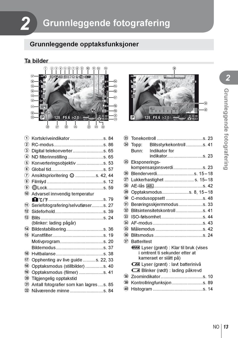 ..s. 57 7 Ansiktsprioritering I...s. 42, 44 8 Filmlyd...s. 12 9 dlock...s. 59 0 Advarsel innvendig temperatur m...s. 79 a Seriefotografering/selvutløser...s. 27 b Sideforhold...s. 39 c Blits...s. 24 (blinker: lading pågår) d Bildestabilisering.