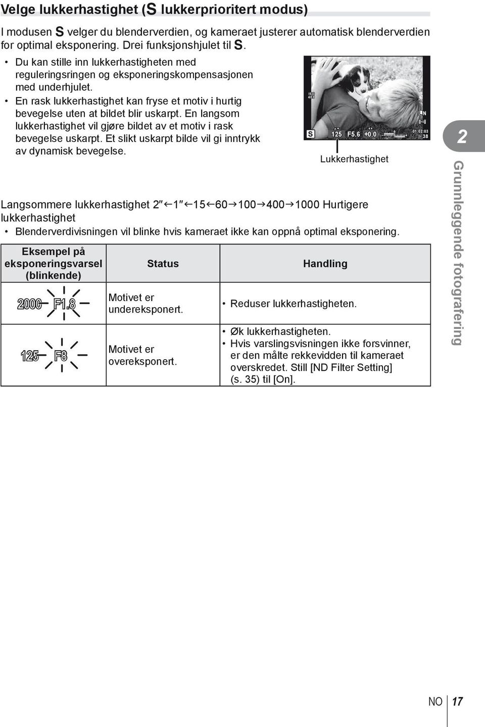 En langsom lukkerhastighet vil gjøre bildet av et motiv i rask bevegelse uskarpt. Et slikt uskarpt bilde vil gi inntrykk av dynamisk bevegelse.