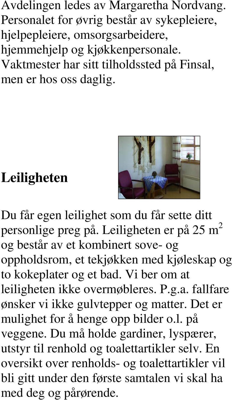 Leiligheten er på 25 m 2 og består av et kombinert sove- og oppholdsrom, et tekjøkken med kjøleskap og to kokeplater og et bad. Vi ber om at leiligheten ikke overmøbleres. P.g.a. fallfare ønsker vi ikke gulvtepper og matter.