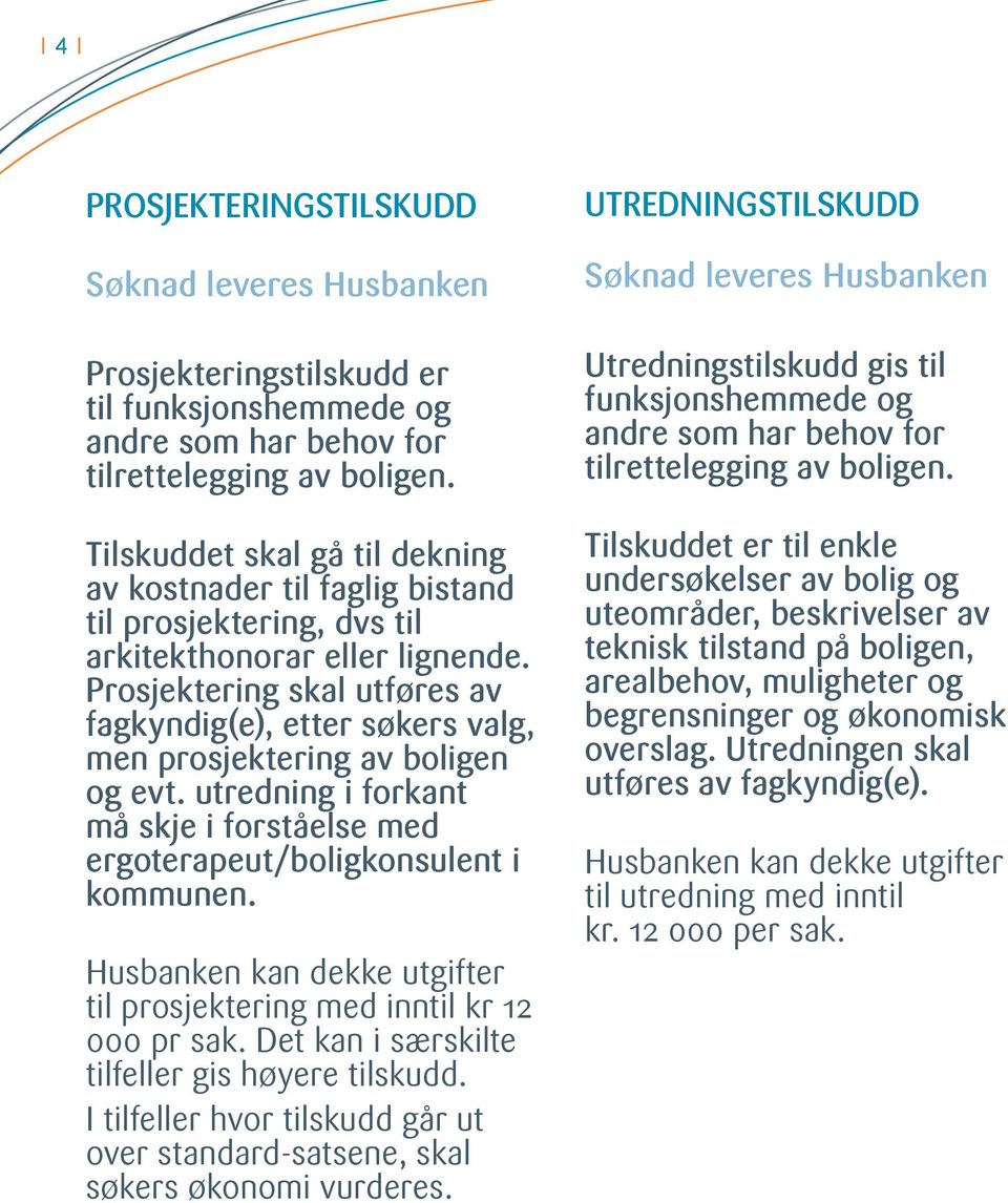 Prosjektering skal utføres av fagkyndig(e), etter søkers valg, men prosjektering av boligen og evt. utredning i forkant må skje i forståelse med ergoterapeut/boligkonsulent i kommunen.