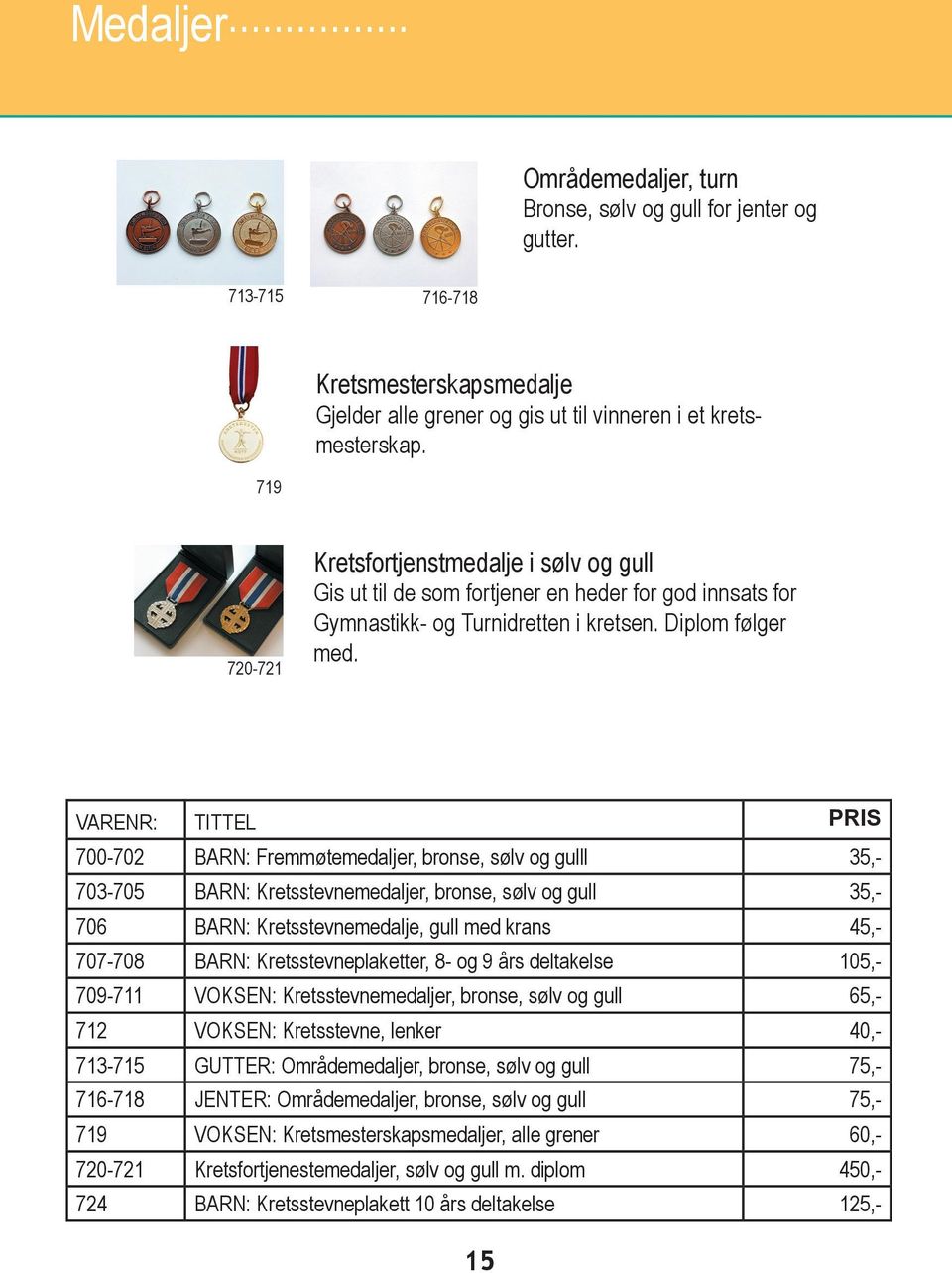 700-702 BARN: Fremmøtemedaljer, bronse, sølv og gulll 35,- 703-705 BARN: Kretsstevnemedaljer, bronse, sølv og gull 35,- 706 BARN: Kretsstevnemedalje, gull med krans 45,- 707-708 BARN: