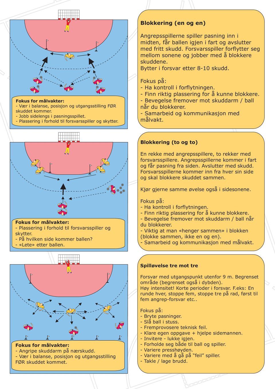 - Jobb sidelengs i pasningsspillet. - Plassering i forhold til forsvarsspiller og skytter. - Ha kontroll i forflytningen. - Finn riktig plassering for å kunne blokkere.