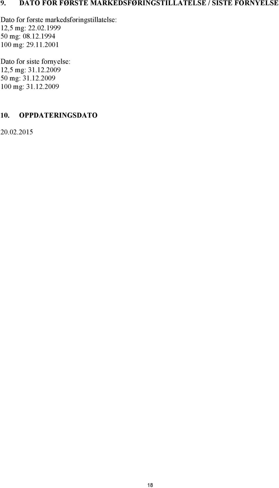 11.2001 Dato for siste fornyelse: 12,5 mg: 31.12.2009 50 mg: 31.12.2009 100 mg: 31.