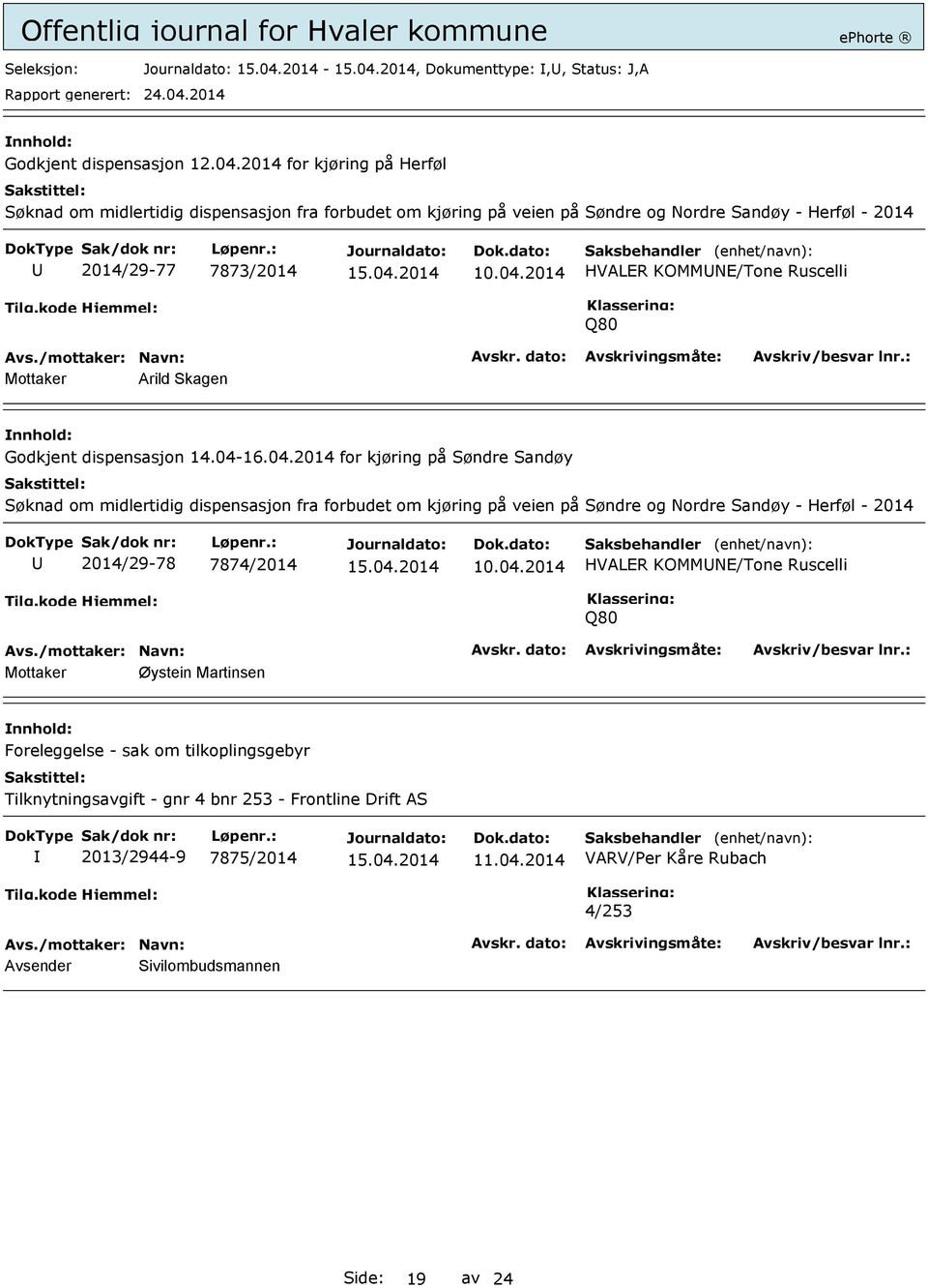 Ruscelli Q80 Mottaker Arild Skagen Godkjent dispensasjon 14.04-