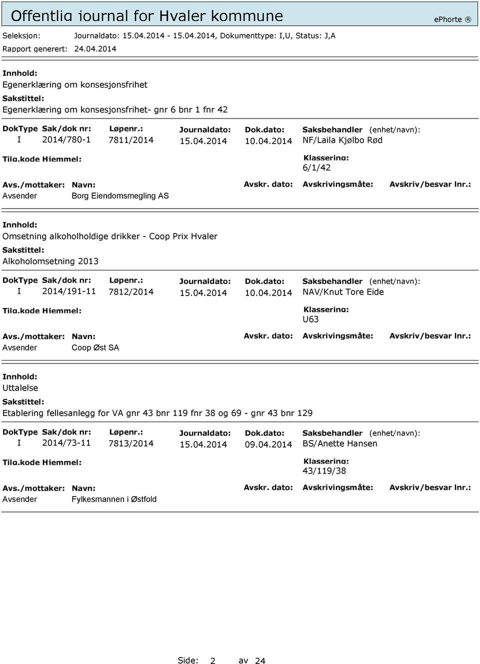 Alkoholomsetning 2013 2014/191-11 7812/2014 NAV/Knut Tore Eide 63 Avsender Coop Øst SA ttalelse Etablering fellesanlegg for VA