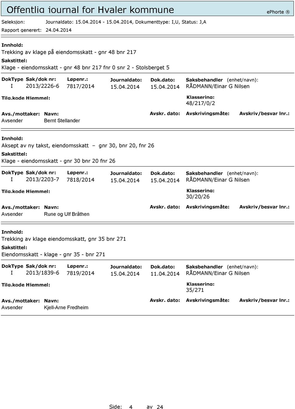 eiendomsskatt - gnr 30 bnr 20 fnr 26 2013/2203-7 7818/2014 RÅDMANN/Einar G Nilsen 30/20/26 Avsender Rune og lf Bråthen Trekking av klage eiendomsskatt,