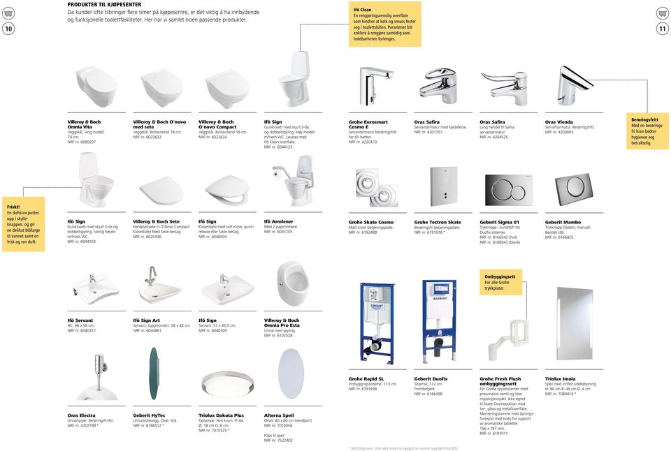 Omnia Vita Veggskål, lang modell. 70 cm. NRF nr. 6090207 O'novo med sete Veggskål. Boltavstand 18 cm. NRF nr. 6023633 O'novo Compact Veggskål. Boltavstand 18 cm. NRF nr. 6023634 Ifö Sign Gulvklosett med skjult S-lås og dobbeltspyling.