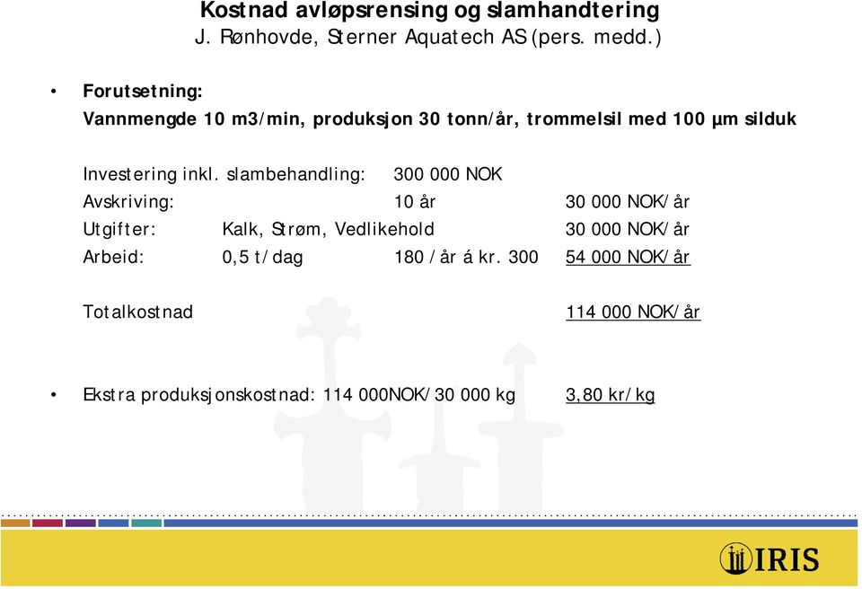 slambehandling: 300 000 NOK Avskriving: 10 år 30 000 NOK/år Utgifter: Kalk, Strøm, Vedlikehold 30 000 NOK/år