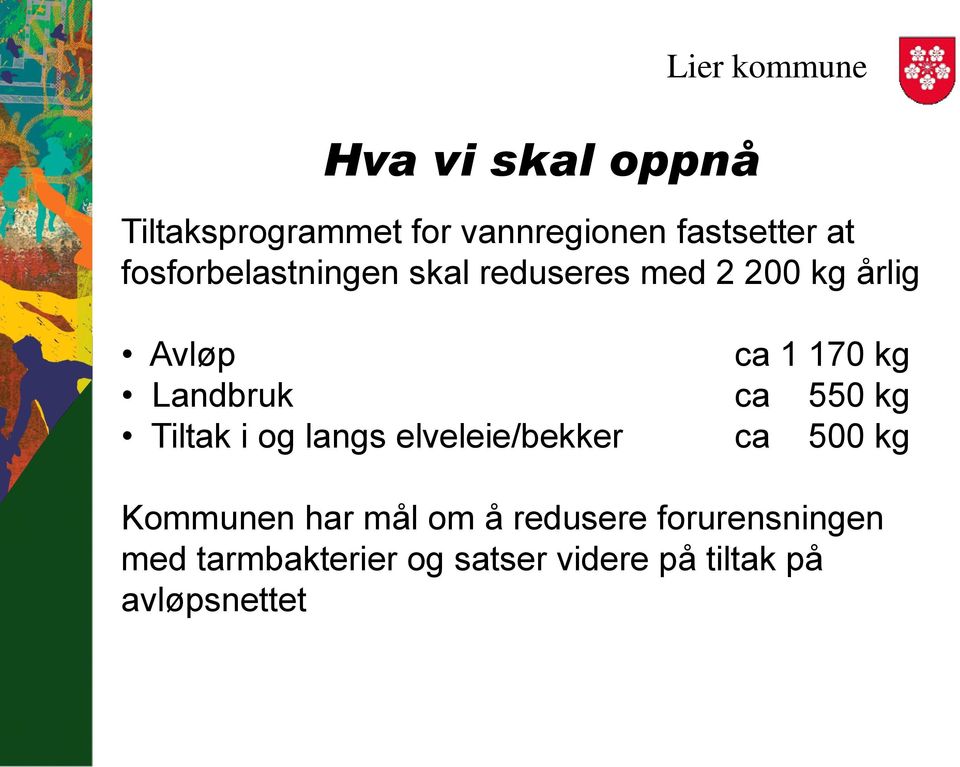 ca 550 kg Tiltak i og langs elveleie/bekker ca 500 kg Kommunen har mål om å