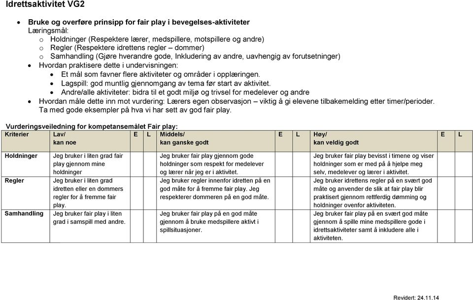 opplæringen. Lagspill: god muntlig gjennomgang av tema før start av aktivitet.