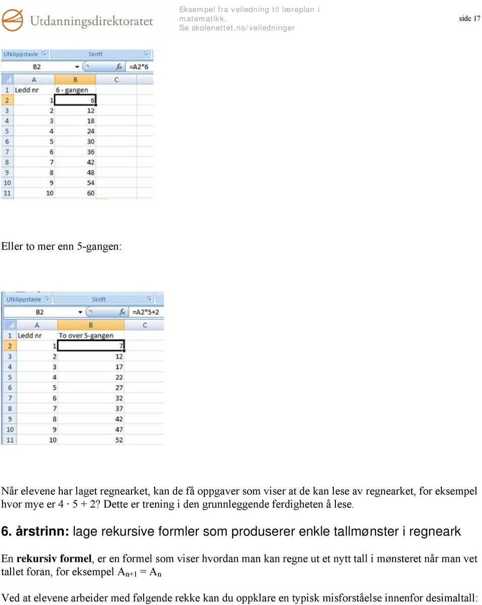årstrinn: lage rekursive formler som produserer enkle tallmønster i regneark En rekursiv formel, er en formel som viser hvordan man kan