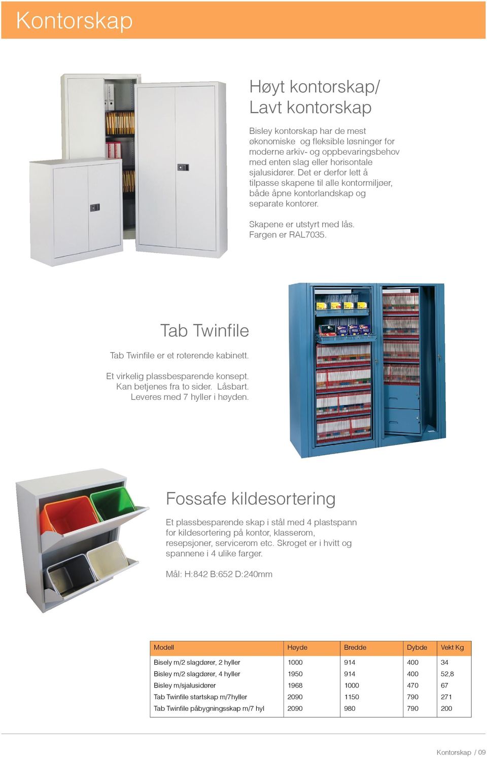 Tab Twinfile Tab Twinfile er et roterende kabinett. Et virkelig plassbesparende konsept. Kan betjenes fra to sider. Låsbart. Leveres med 7 hyller i høyden.
