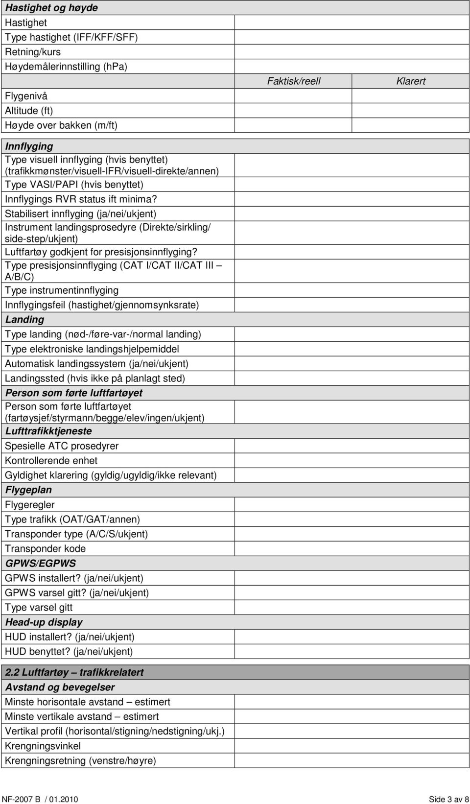 Stabilisert innflyging (ja/nei/ukjent) Instrument landingsprosedyre (Direkte/sirkling/ side-step/ukjent) Luftfartøy godkjent for presisjonsinnflyging?