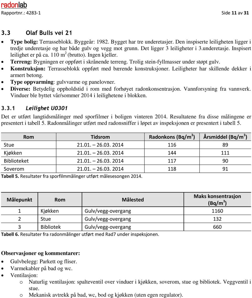 Terreng: Bygningen er oppført i skrånende terreng. Trolig stein-fyllmasser under støpt gulv. Konstruksjon: Terrasseblokk oppført med bærende konstruksjoner.