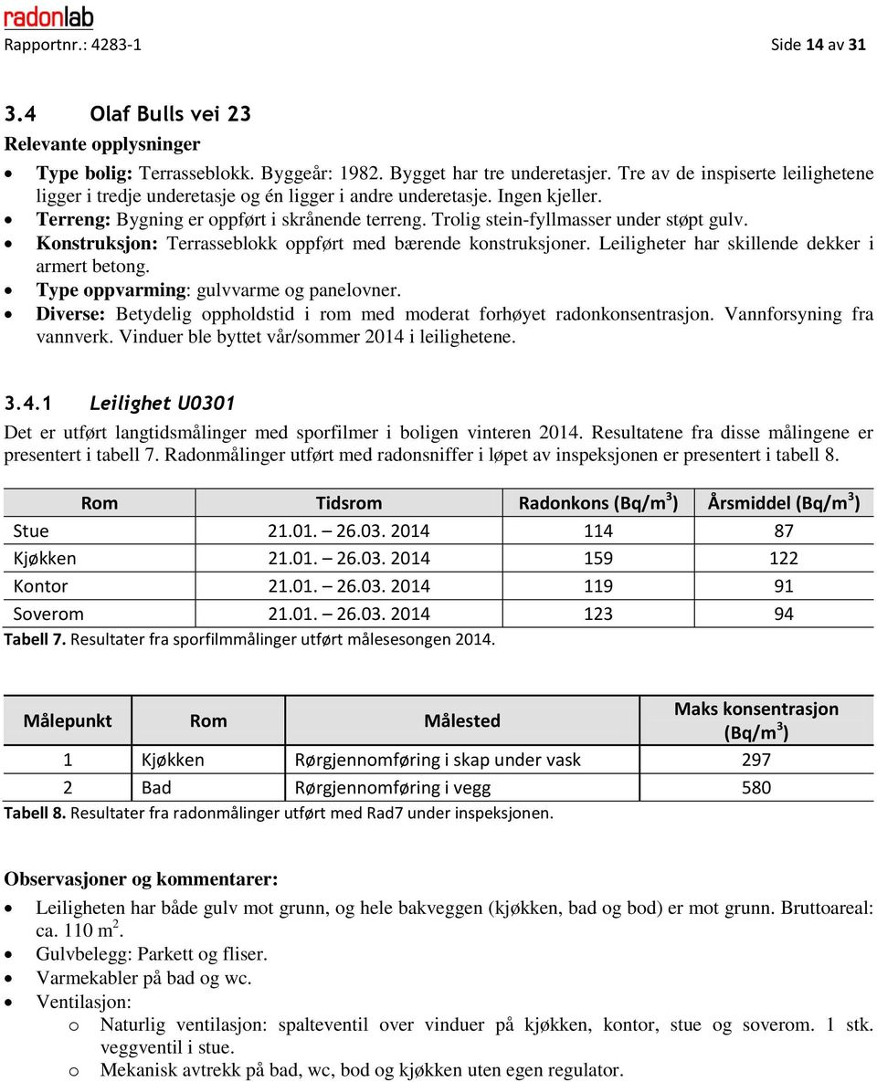 Trolig stein-fyllmasser under støpt gulv. Konstruksjon: Terrasseblokk oppført med bærende konstruksjoner. Leiligheter har skillende dekker i armert betong. Type oppvarming: gulvvarme og panelovner.