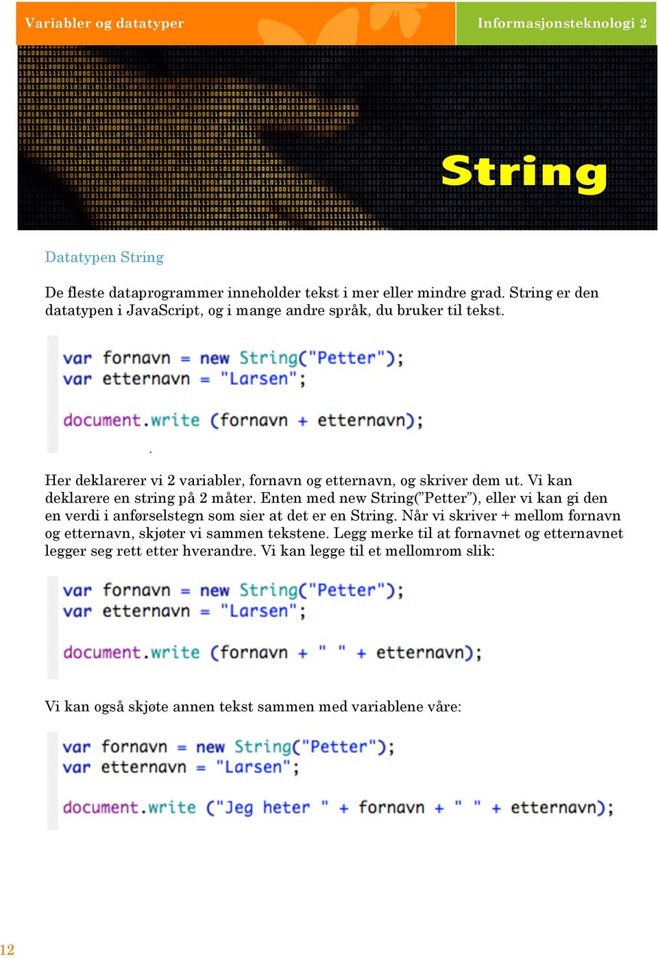 Vi kan deklarere en string på 2 måter. Enten med new String( Petter ), eller vi kan gi den en verdi i anførselstegn som sier at det er en String.