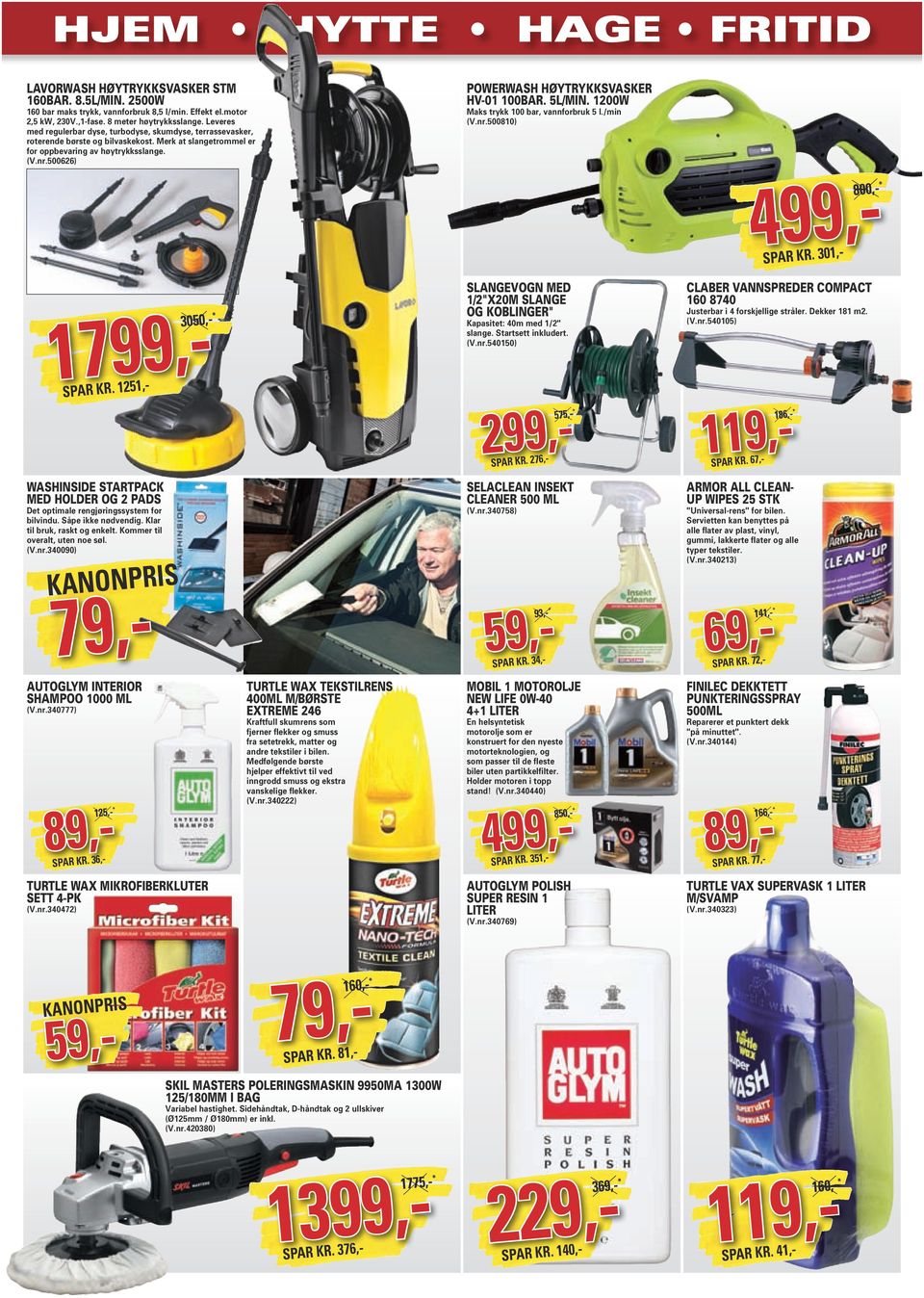 500626) POWERWASH HØYTRYKKSVASKER HV-01 100BAR. 5L/MIN. 1200W Maks trykk 100 bar, vannforbruk 5 l./min (V.nr.500810) SPAR KR.