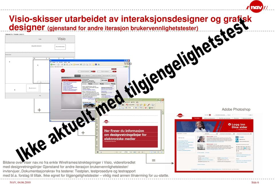 no fra enkle Wireframes/strektegninger i Visio, videreforedlet med designretningslinjer Gjenstand for andre iterasjon